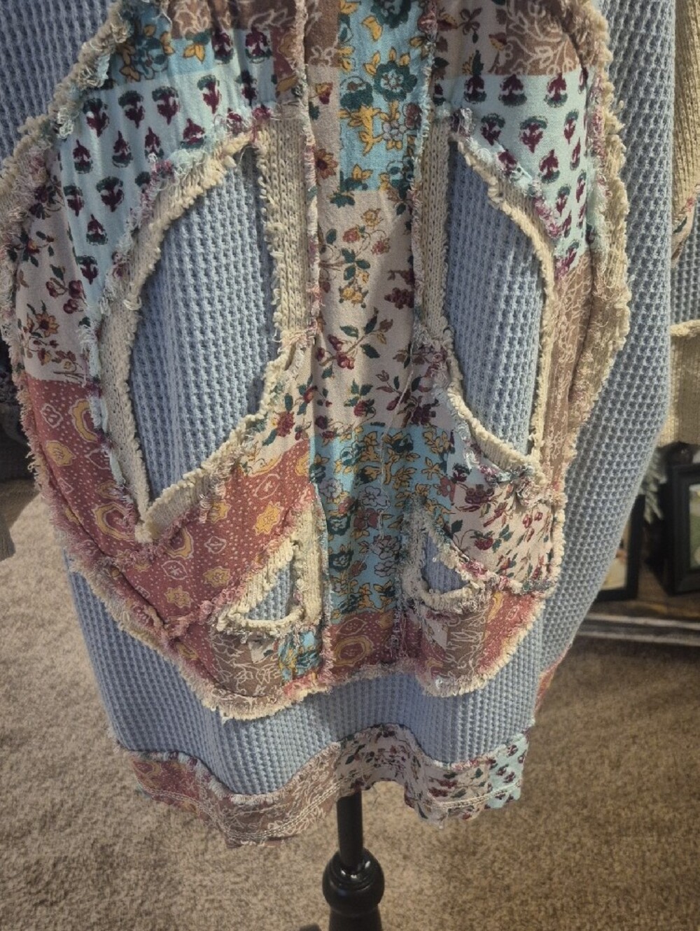 POL Light Blue Waffle Knit Patchwork Peace Sign Sweatshirt - Picture 4 of 9
